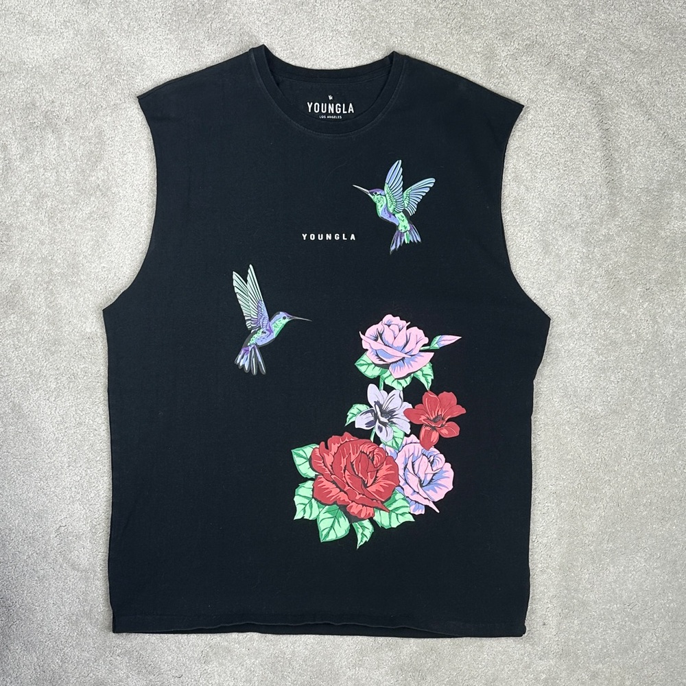 YoungLA Black Women's Muscle Tee with Floral and Hummingbird Design